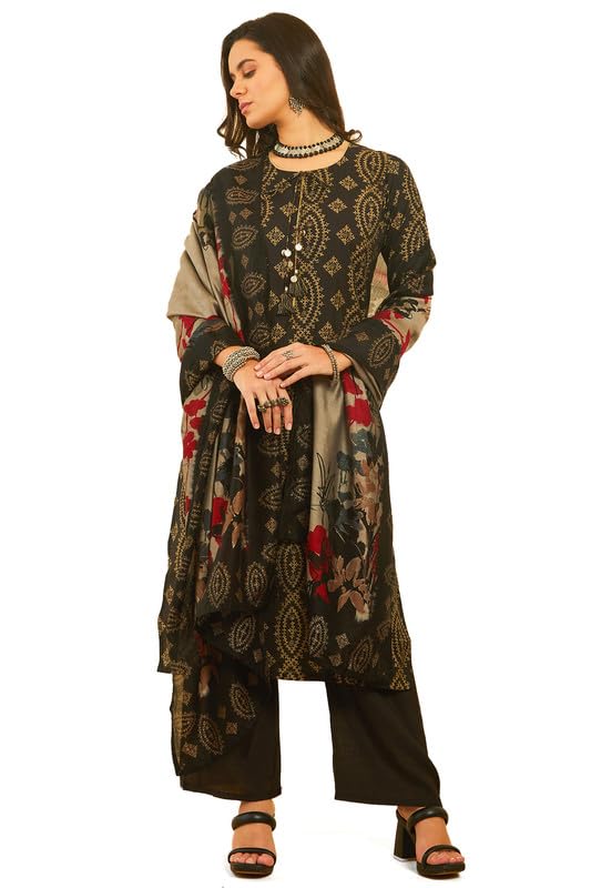 Soch Women Muslin Blend Abstract Print Suit Set with Tie-Up Neck