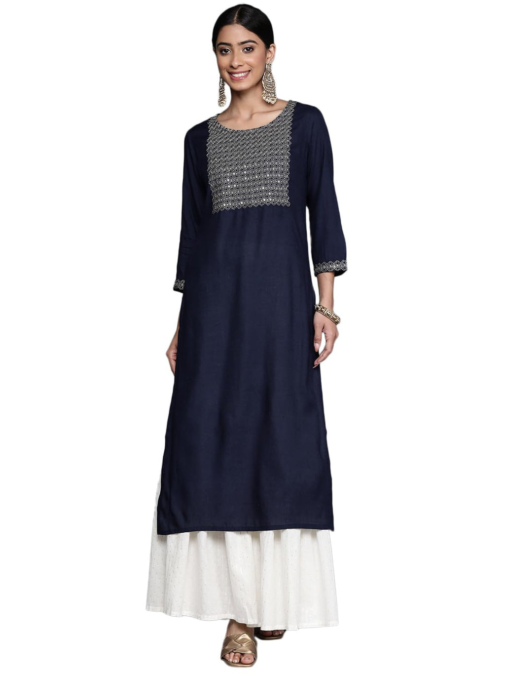 Libas Women'S Rayon Blend Embellished Straight Kurta (24267_Navy Blue
