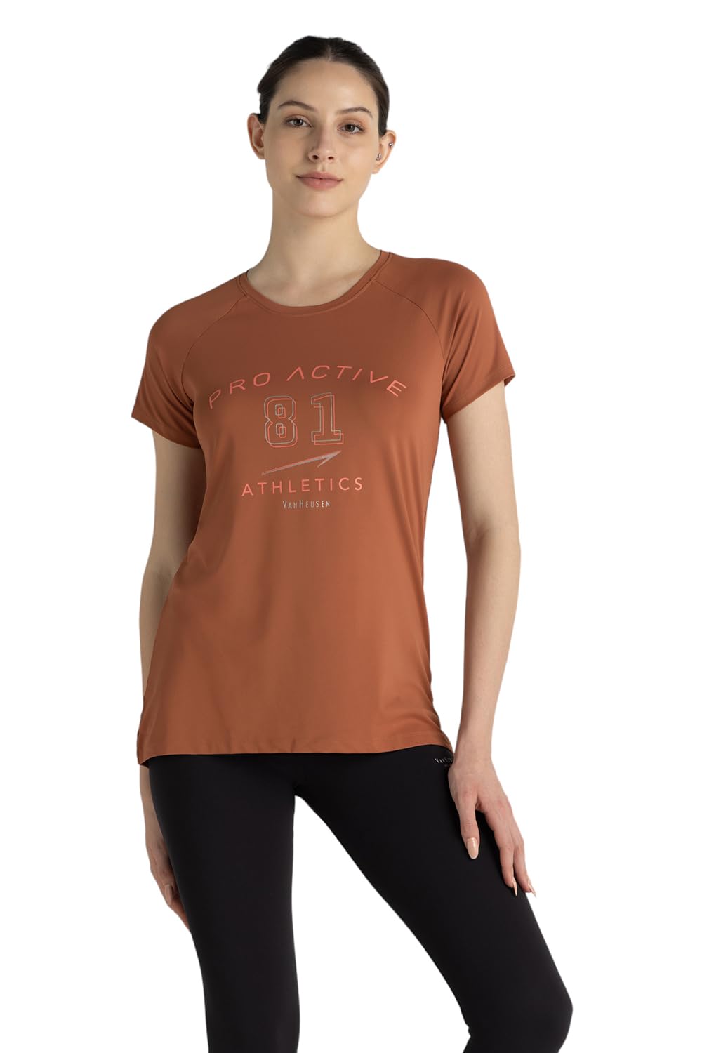 Van Heusen Women Proactive Anti Bacterial TShirt  Polyamide Elastane  Round Neck,Moisture Wicking, Short Sleeve_Copper Brown_
