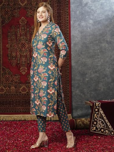 ANNI DESIGNER Womens Cotton Blend Straight Printed Kurta with Pant (Paresh Rama_S_Green_Small)