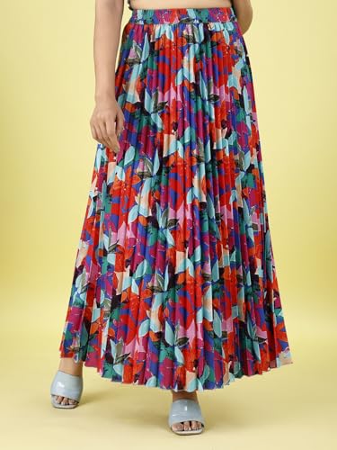 Kzully | Stylish And Beautiful Floral | Floral Pleated Maxi Skirts For Women | Long Skirts Elastic Waist Multicolour