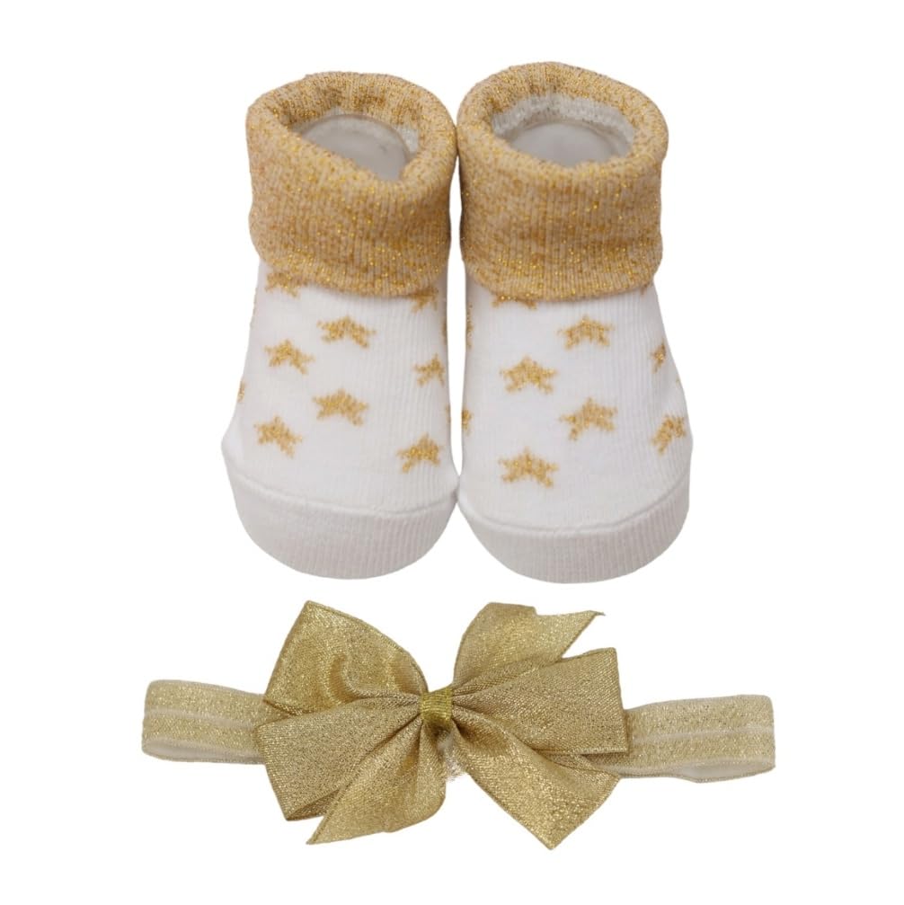 Yellow Bee Star Print Socks And Bow Headband Set For Girls Pack Of 2 White And Golden, 03M 0-3