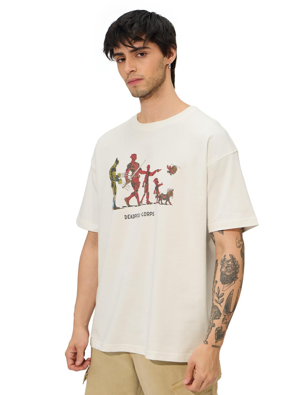 The Souled Store Official Deadpool: Corps Men and Boys Short Sleeves Round Neck White Graphic Printed Cotton Oversized T-Shirts