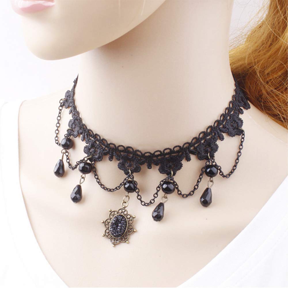 Dumcondy Halloween Elegant Sexy Women Girl Retro Gothic Punk Style Necklace Black Lace Neck Chain Collar Statement Choker Victor