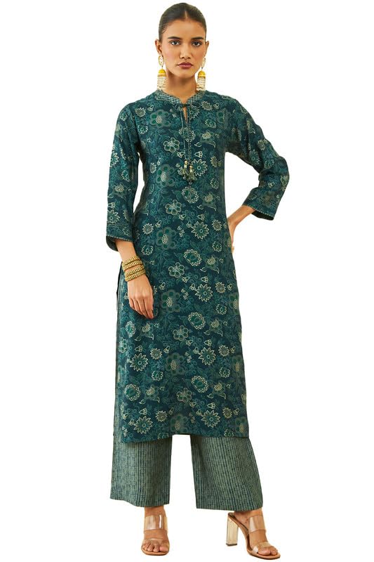 Soch Women Muslin Floral Print Straight Kurta Set with Neck Tie-Up
