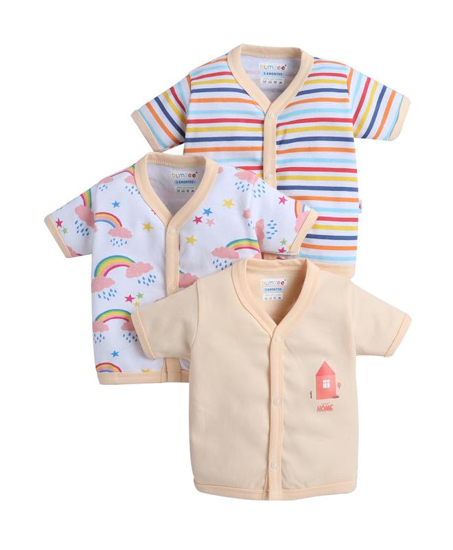 BUMZEE Baby Girls Cotton Pack of 3 Front Open Jablas Half Sleeves Peach & White - 9-12 Months (Peb10537E-pch)