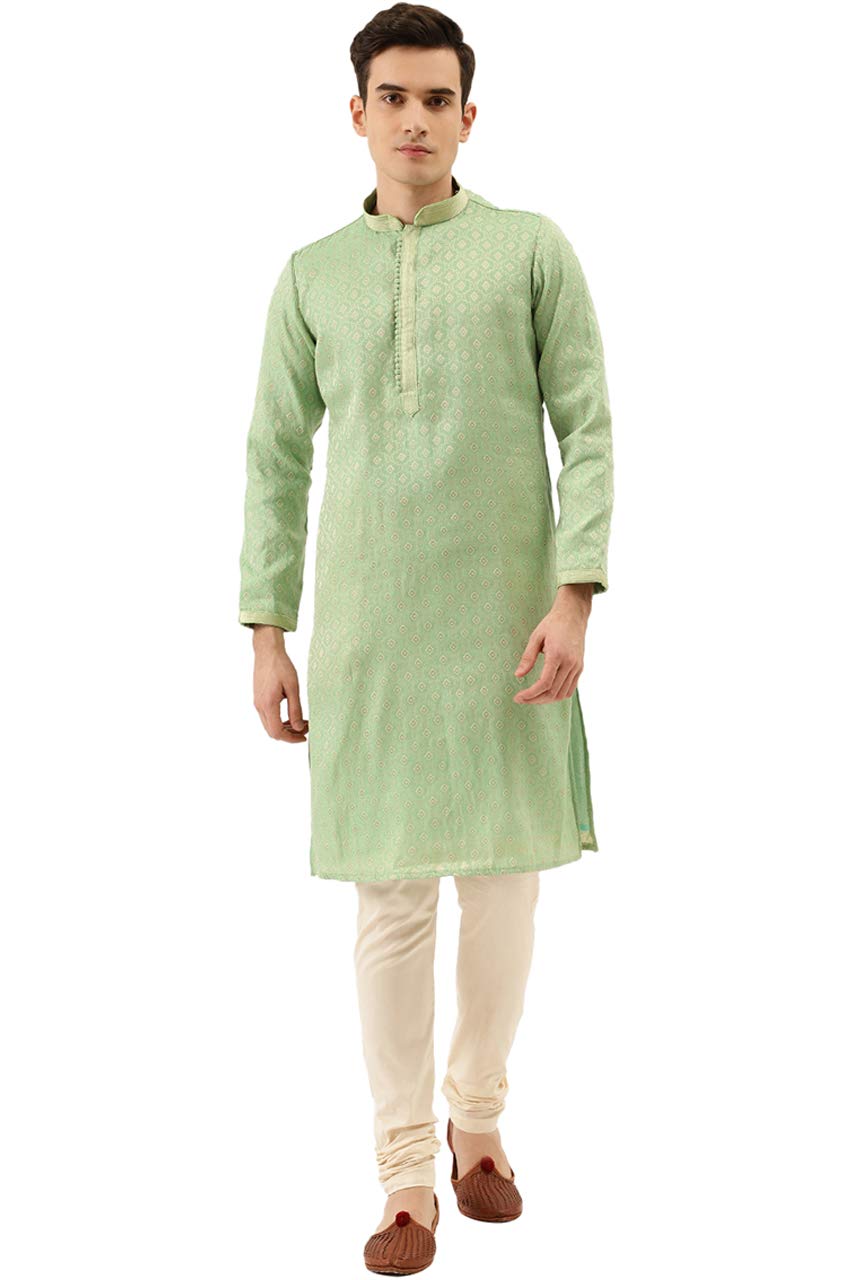 Manyavar Sytlish Casual Silk Blend Full Sleeves Jacquard Churidar Kurta Set For Men - (Green, X-Large)