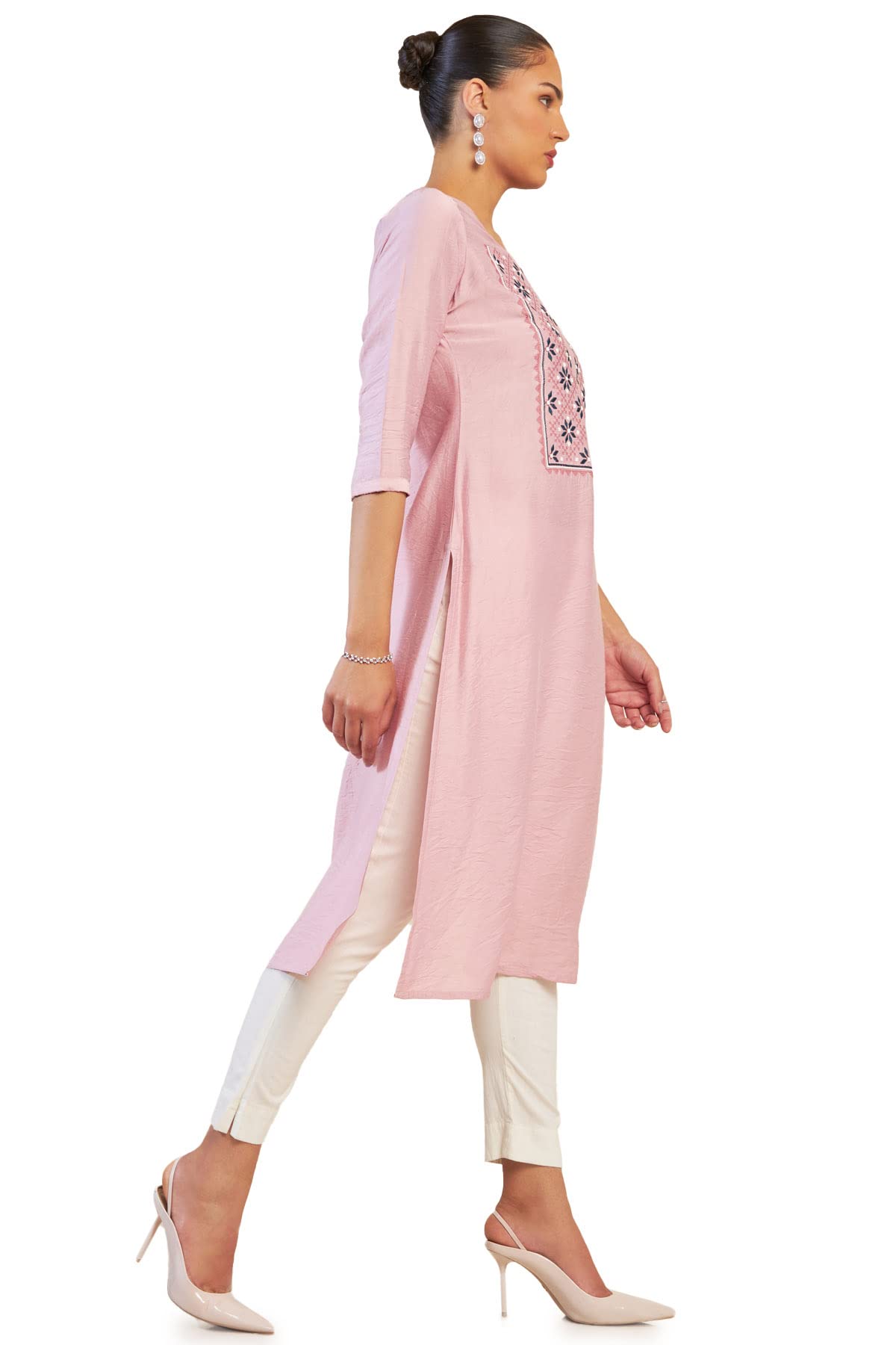 Soch Women Pink Viscose Embroidered Kurta