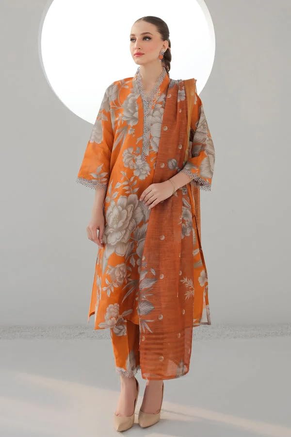 ANNI DESIGNER Womens Rayon Viscose Printed Straight Kurta with Pant & Dupatta (Zena Orange_S_Orange_Small)