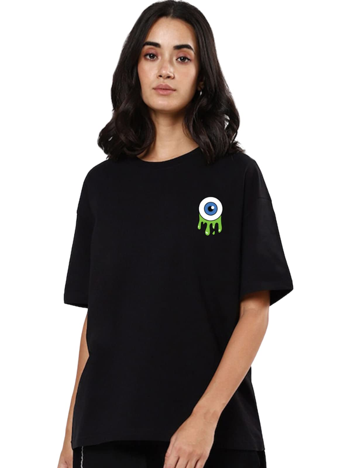 Veirdo Women's Oversized Cotton Crew Neck T-Shirt with Chest Print