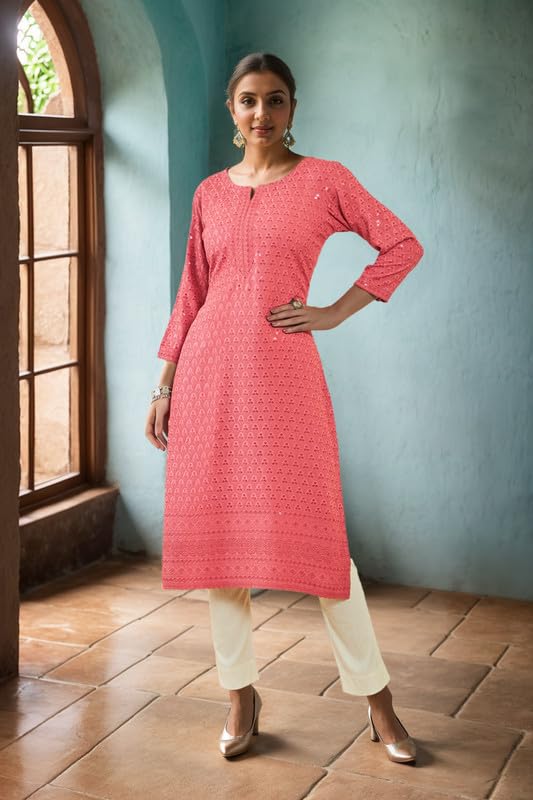 Soch Womens Onion Pink Rayon Sequin Embroidered Boat-Neck Straight Kurta