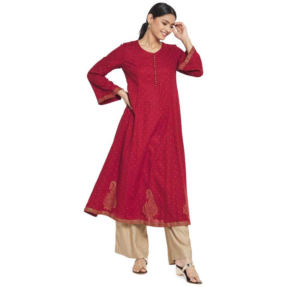 Fabindia Women Cotton Hand Block Print Long Kurta Maroon_M