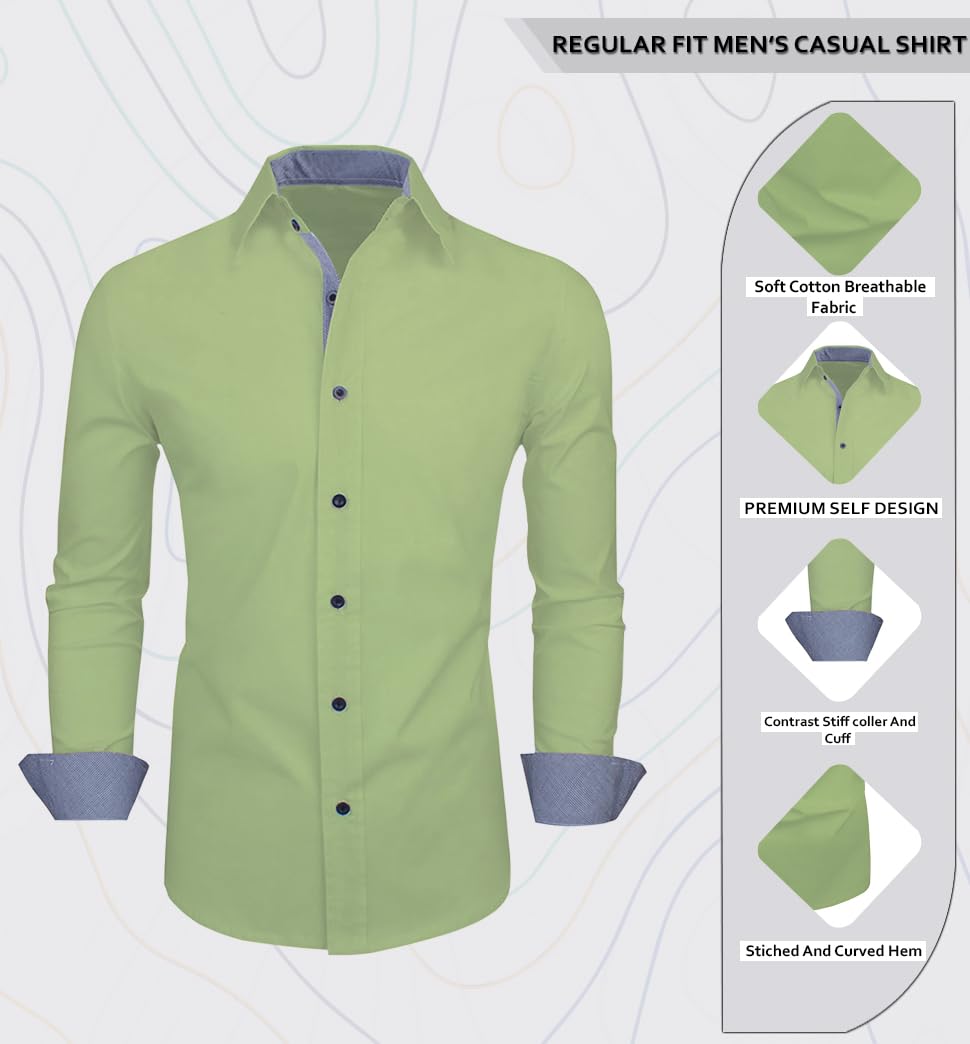 Zombom MenS Classic Cotton Blend Regular Fit Full Sleeve Spread Collar Casual Shirt For Men Light Green