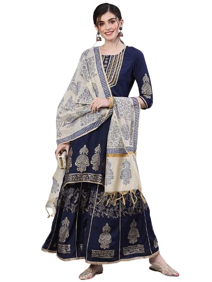 Ishin Women'S Silk Navy Blue Embellished Straight Kurta Set With Sharara And Dupatta