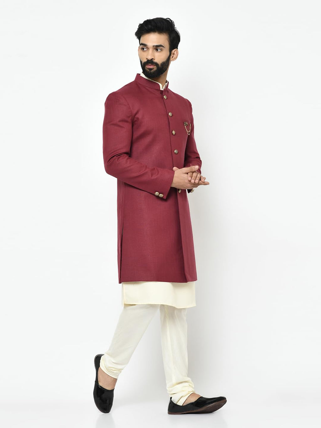 Kisah Men Maroon Solid Kurta Indo-Western Sherwani Set Indo-Western, Full Sleaves, Knee Length, Straight, Regular Fit, Mandarin