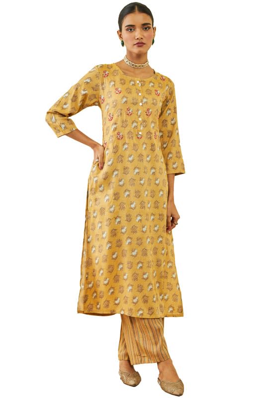 Soch Women Rayon Floral Print Round-Neck Straight Kurta Sets with Pocket