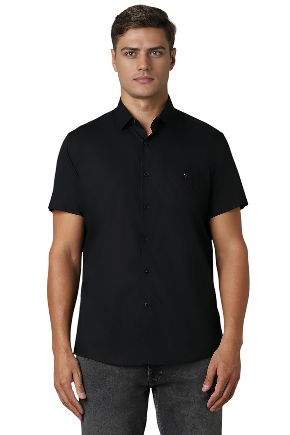 Louis Philippe Men Black Slim Fit Textured Half Sleeves Casual Shirt