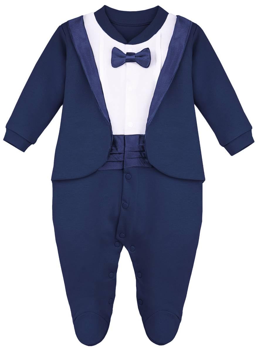 Lilax Baby Boy Gentleman Tuxedo Footie Christmas Holiday Outfit with Bow Tie Newborn Navy