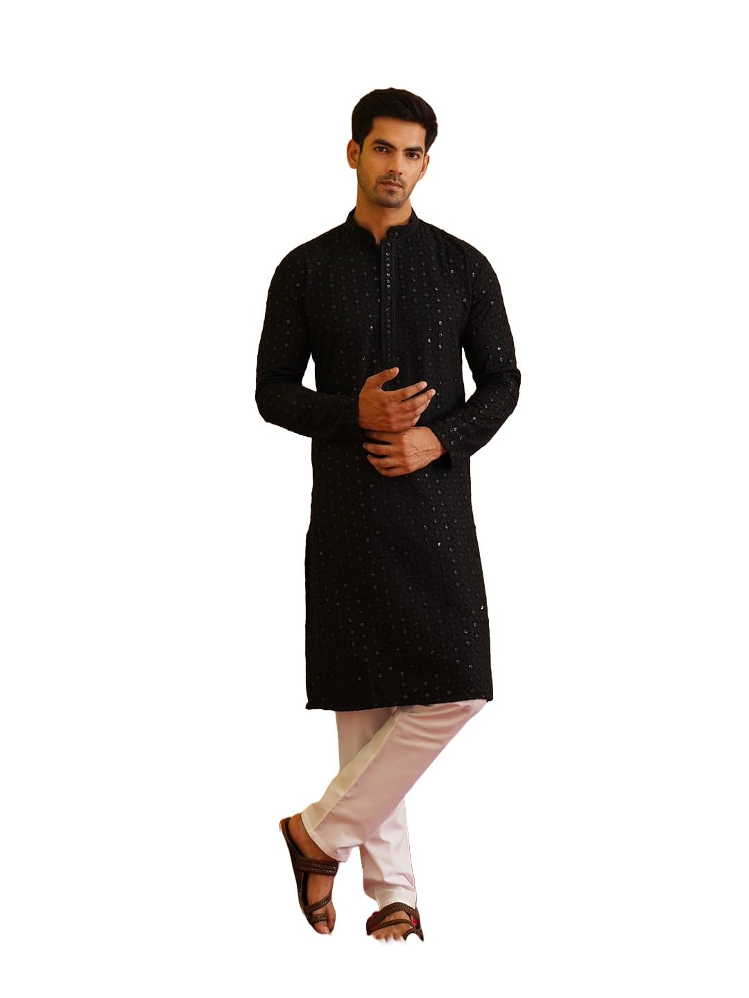 SOJANYA (Since 1958 Mens Pure Cotton Sequined Black Kurta and White Pyjama Set