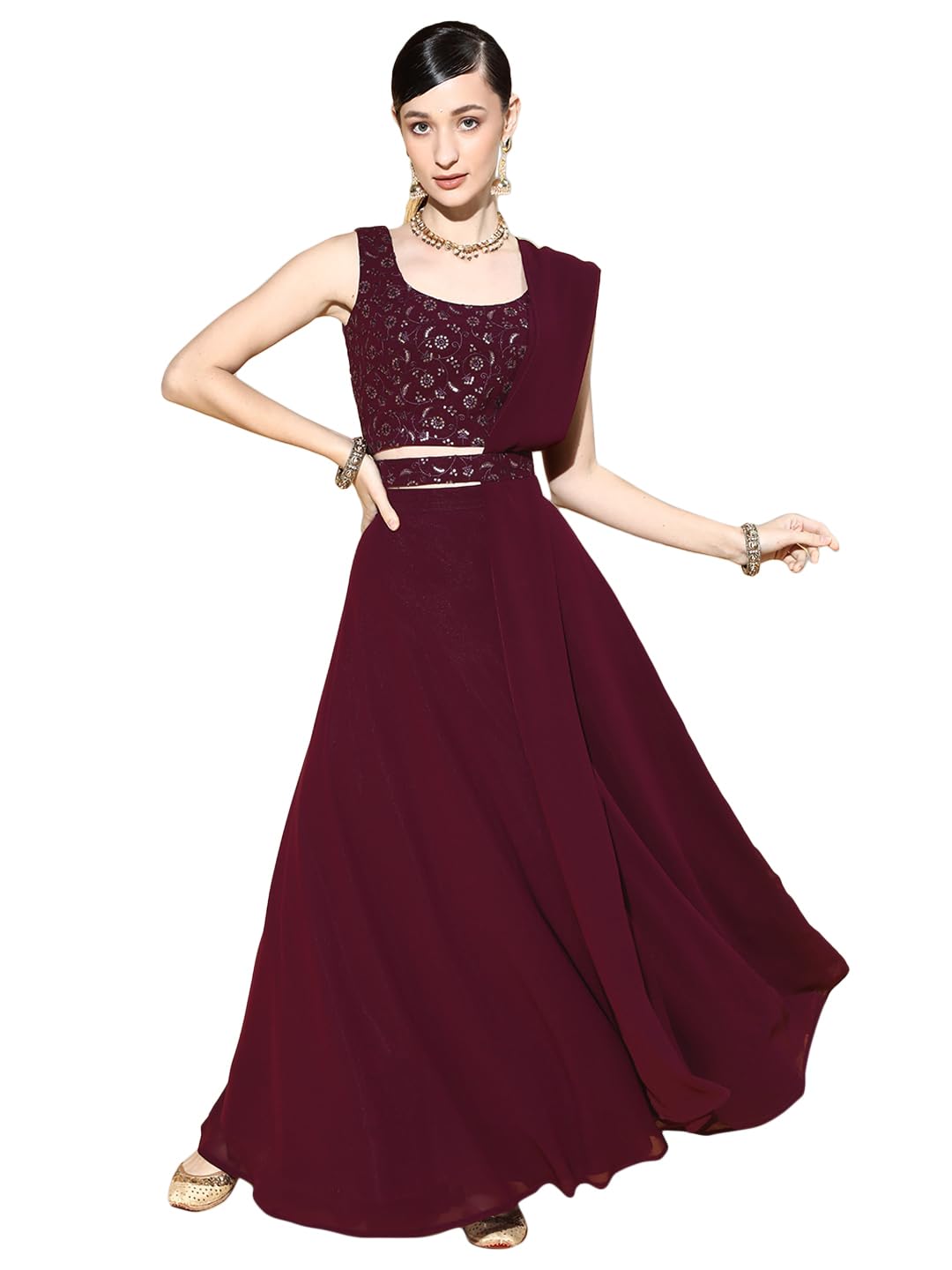 Libas Womens Poly Georgette Readymade Lehenga Set (20227O_Purple_L)