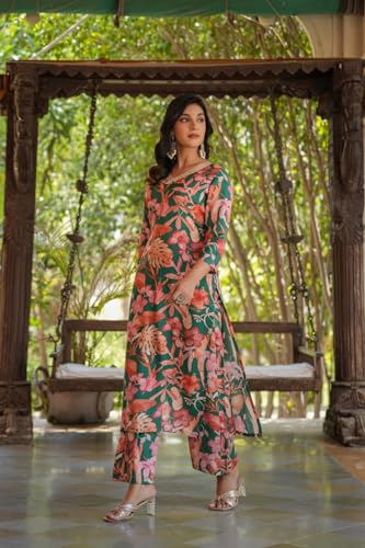 ANNI DESIGNER Womens Cotton Blend Straight Printed Kurta with Pant (Chinki-Green-SH_M_Green_Medium)