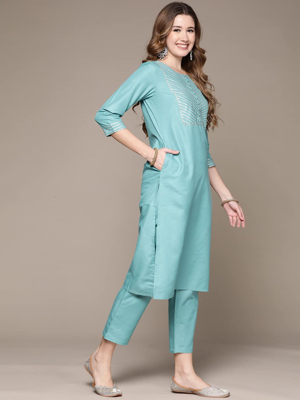 Anubhutee WomenS Cotton Sky Blue Gota Patti Work Solid Straight Kurta Suit Set With Trousers