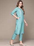 Anubhutee WomenS Cotton Sky Blue Gota Patti Work Solid Straight Kurta Suit Set With Trousers