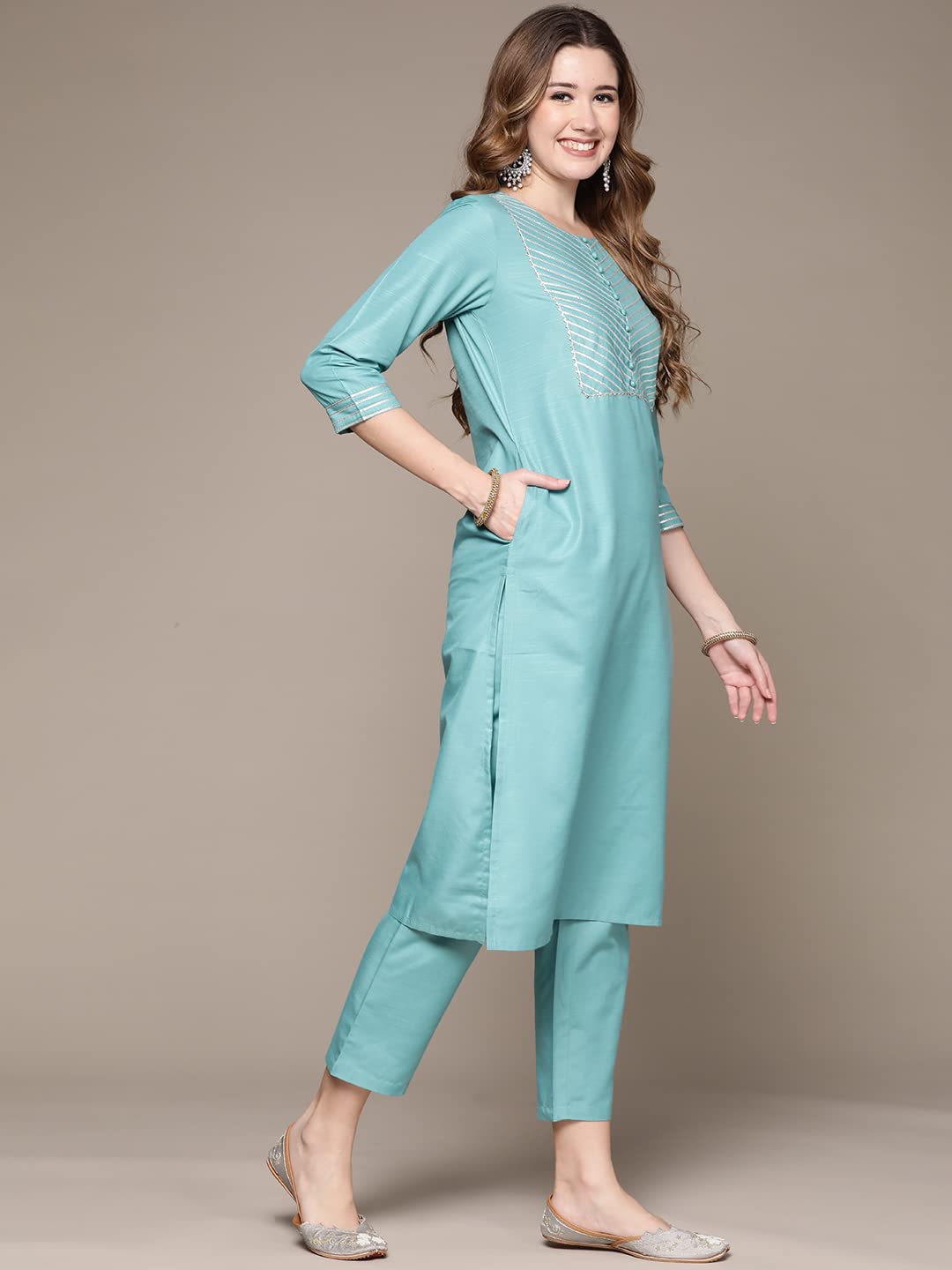 Anubhutee WomenS Cotton Sky Blue Gota Patti Work Solid Straight Kurta Suit Set With Trousers