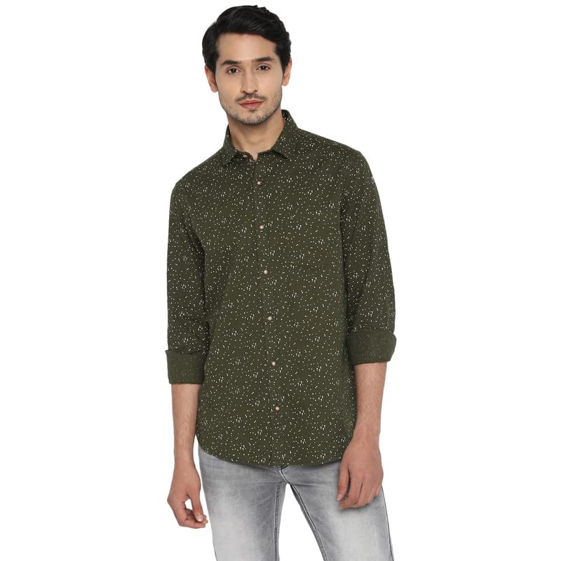 Turtle Men Cotton Linen Olive Printed Slim Fit Shirts
