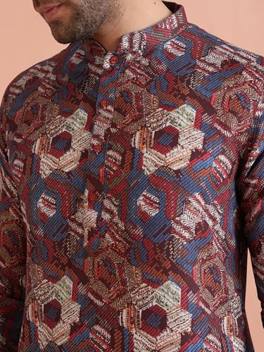 Kisah Men Berry Ethnic Motifs Printed Mandarin Collar Straight Kurta Full Sleaves, Knee Length, Straight, Regular Fit, Mandarin