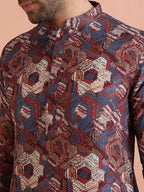 Kisah Men Berry Ethnic Motifs Printed Mandarin Collar Straight Kurta Full Sleaves, Knee Length, Straight, Regular Fit, Mandarin