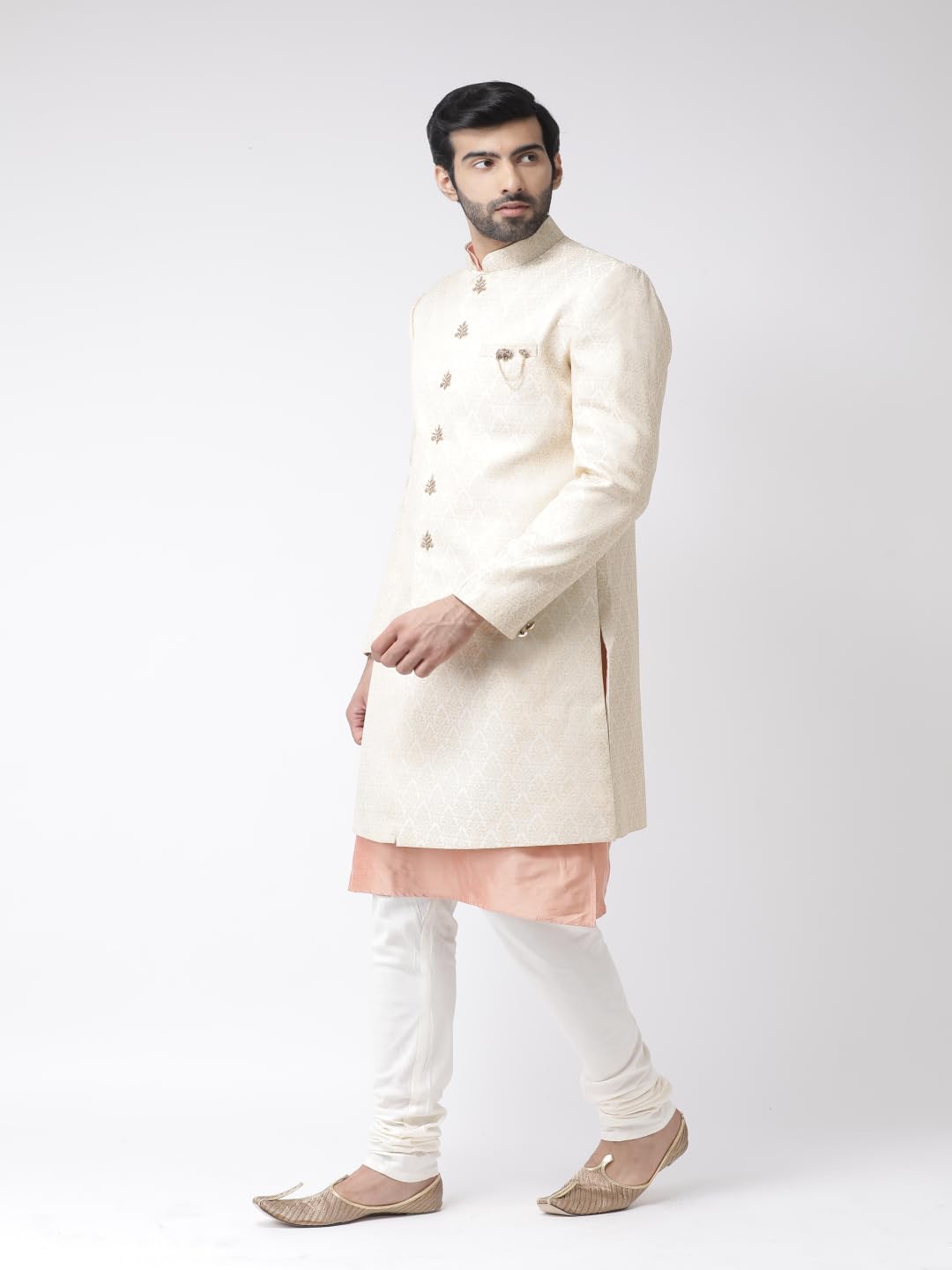Kisah MenS Kurta Indo-Western Sherwani Churidar Set, Cream Brocade, Ethnic Motifs Regular Fit Mandarin Collar Full Sleeves (M),