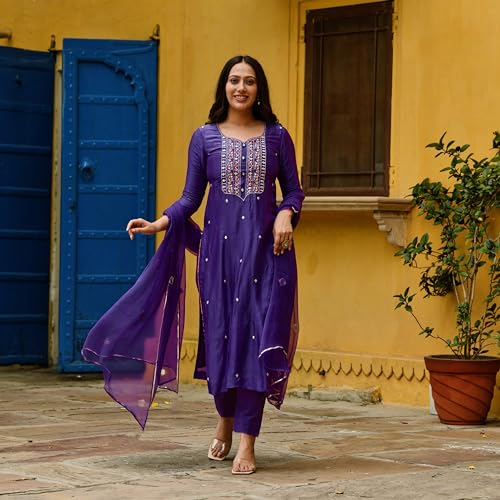 ANNI DESIGNER Womens Cotton Blend Embroidered Straight Kurta with Pant & Dupatta (Kasturi Begani_4XL_Blue_XXXX-Large)