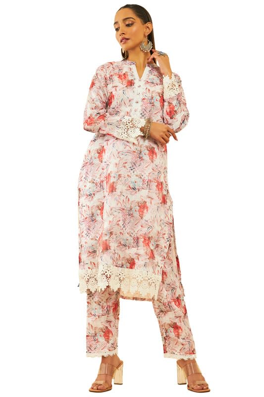 Soch Womens Red Kota Floral Printed Kurta Set With Lace Attached