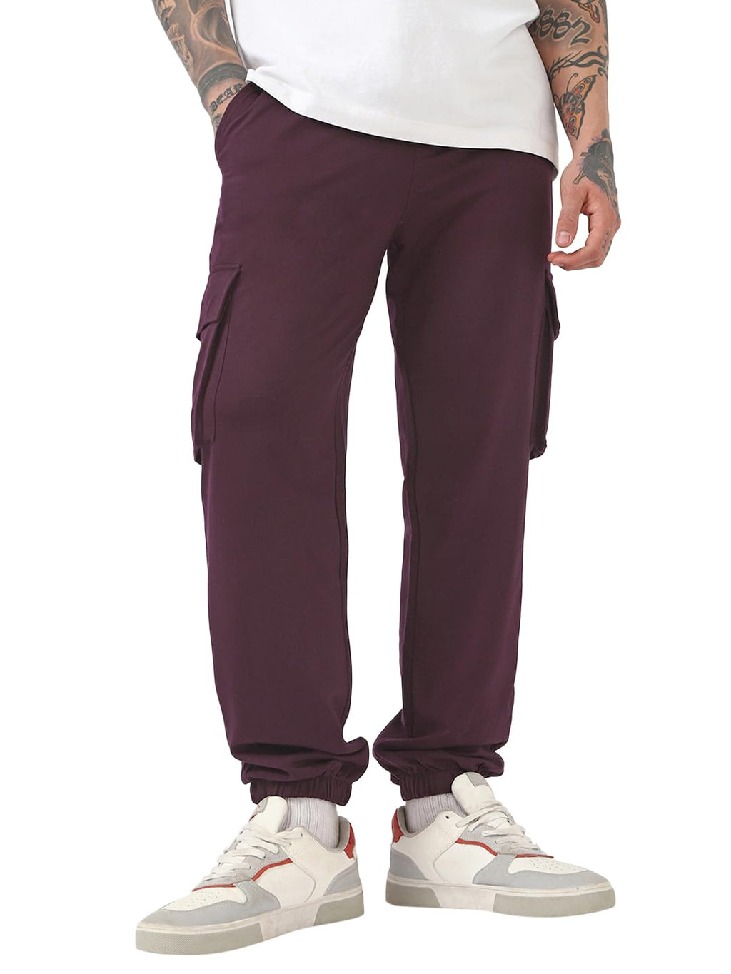 Bewakoof Mens Solid Oversized Fit Cotton Blend Cargo Joggers_664151_Maroon_S