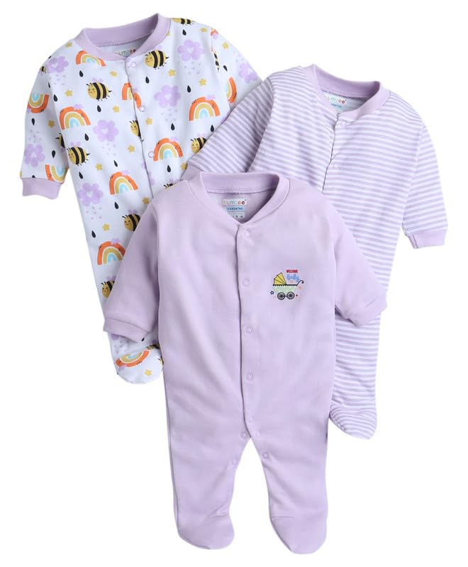 BUMZEE Lavender & White Baby Girls Full Sleeves Sleepsuit Pack of 3 Age - New Born (Peb10049A-lvd)