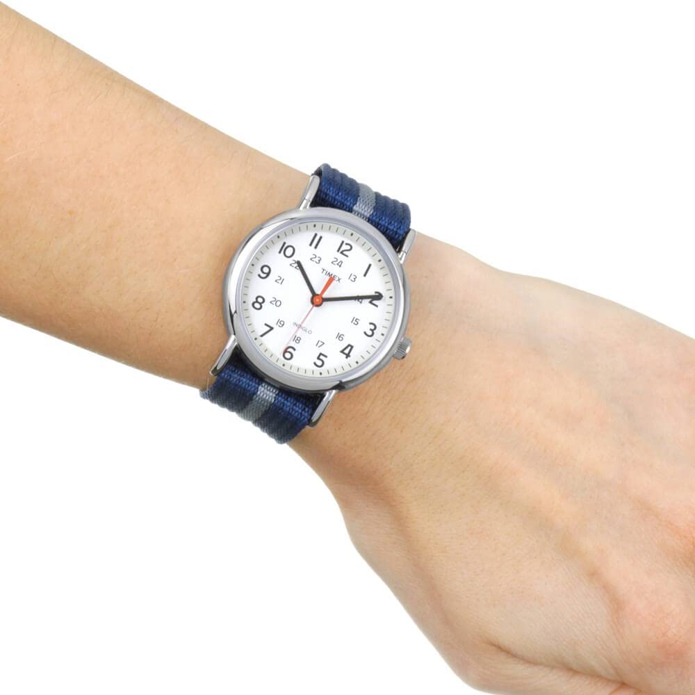 Timex Unisex T2N654 Weekender 38mm Blue/Gray Stripe Nylon Slip-Thru Strap Watch