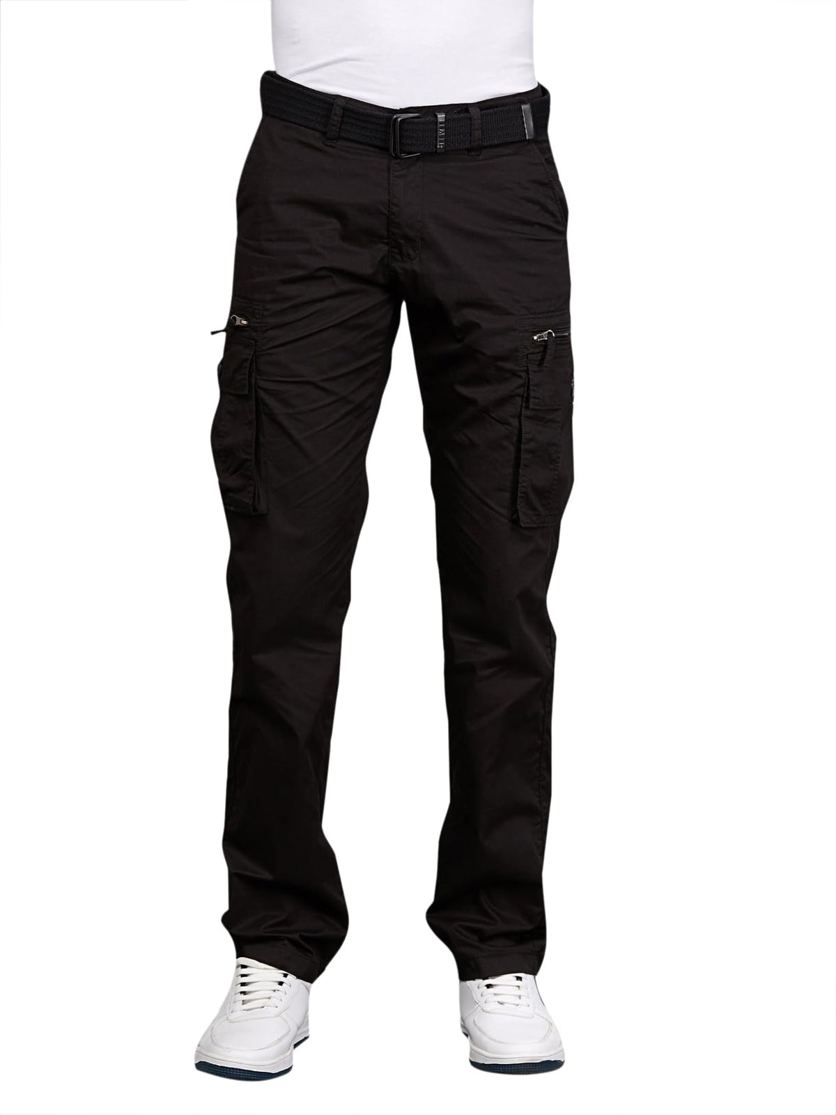 Beevee Mens Black Fixed Waist Cargo Pant With Belt(Black_36) 36