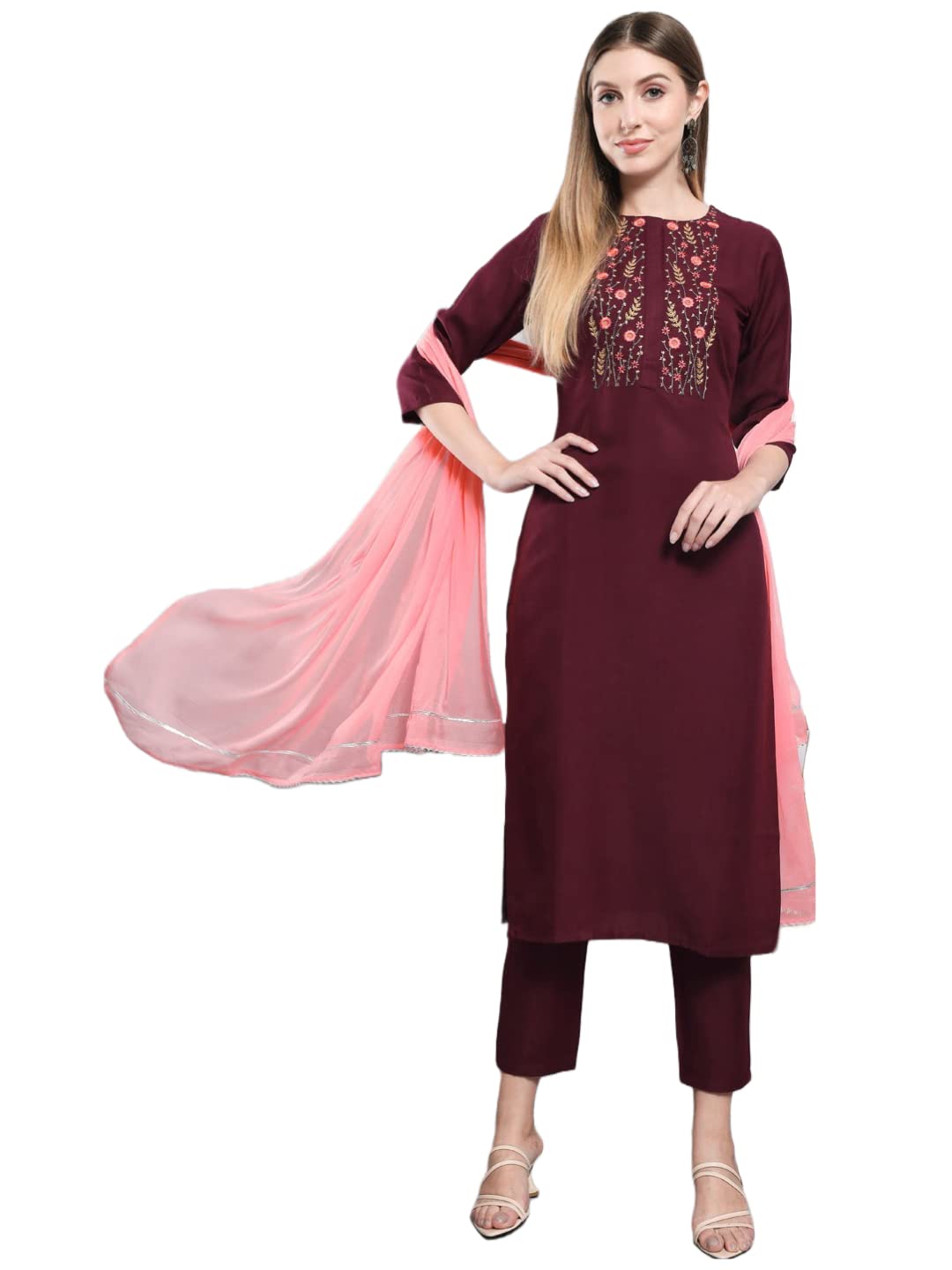 Gosriki Women'S Cotton Blend Solid Straight Kurta With Pants & Dupatta (Kosha-Wine_M-Gs_Wine_Medium)