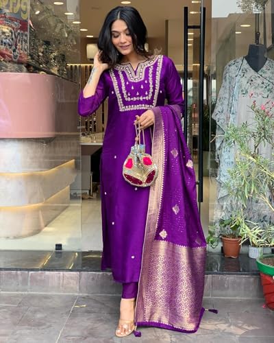 ANNI DESIGNER Womens Cotton Blend Straight Embroidered Kurta with Pant & Dupatta (MANUSHI BEGANI_4XL_Begani_XXXX-Large)