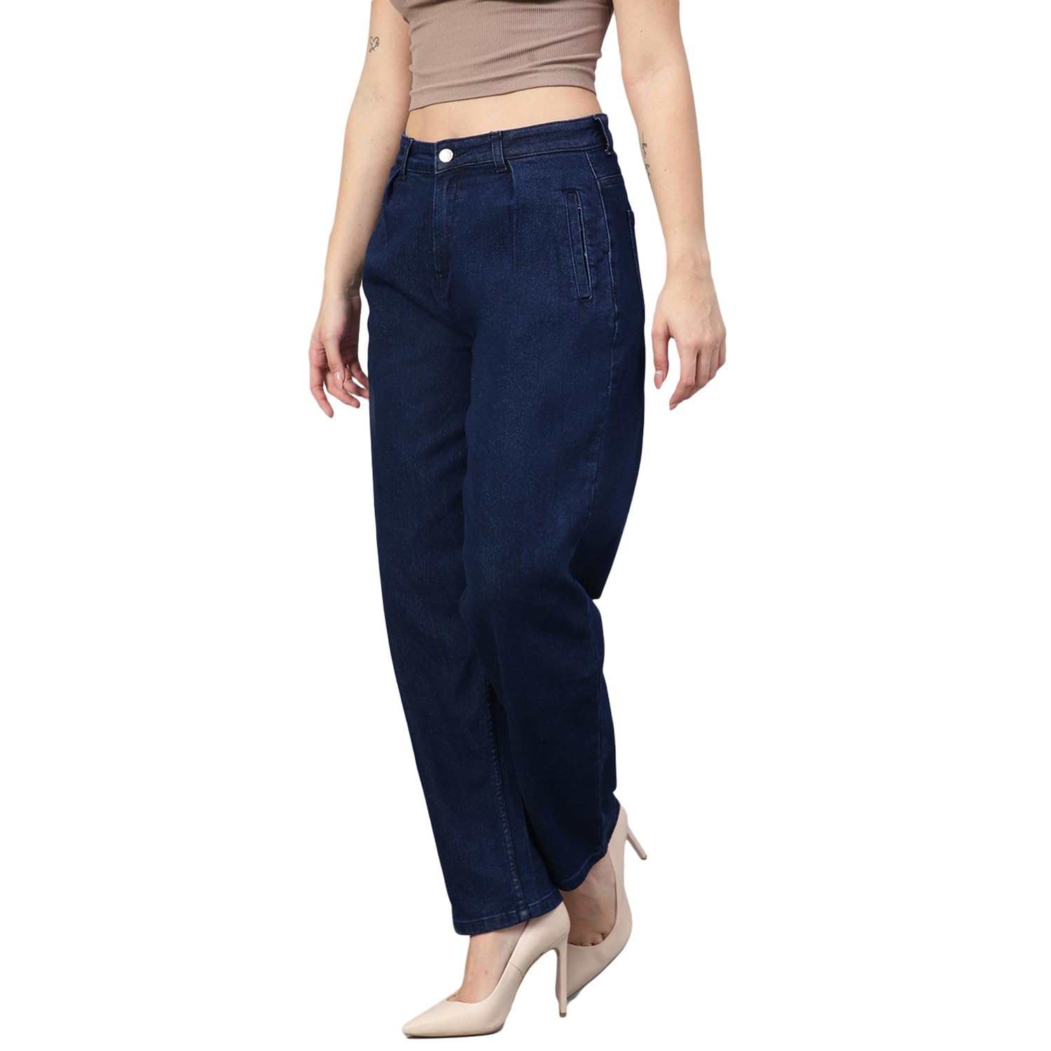 Kotty Womens Solid High Rise Cotton Lycra Blend Relaxed Fit Jeans