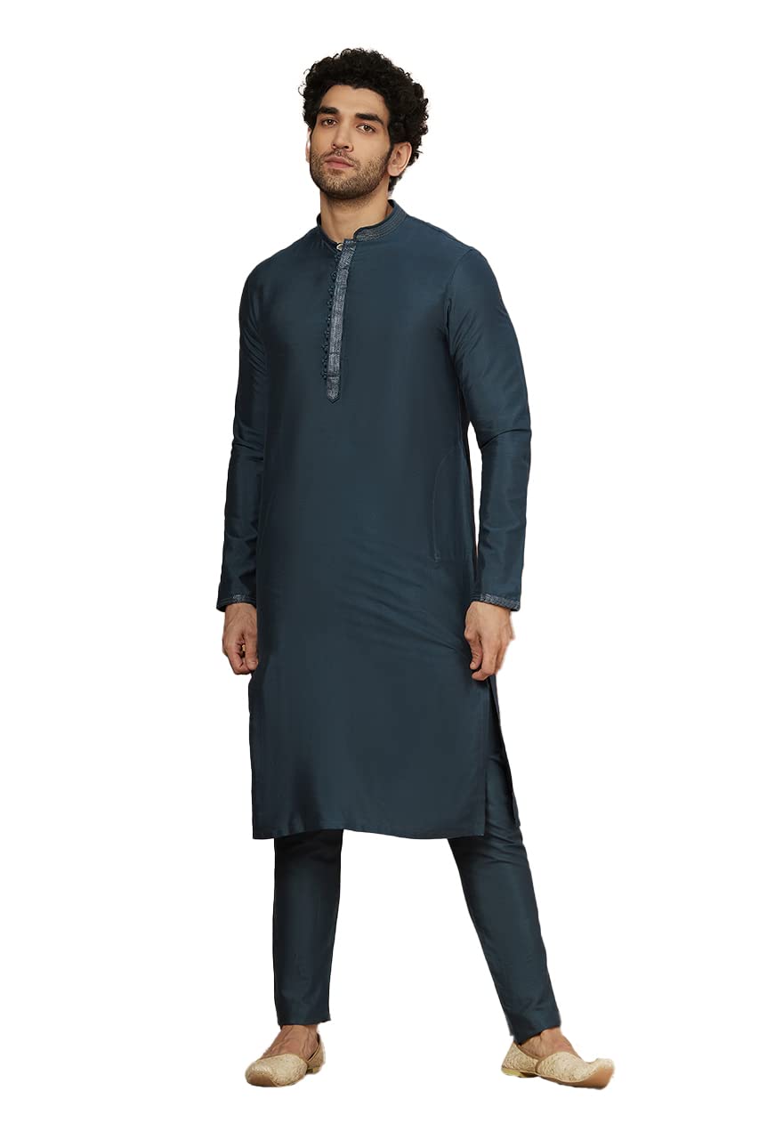 Manyavar Kurta Set, Blended Viscose Full Sleeves Mandarin Collar Solid Ethnic Wear for Men (Blue, XL)