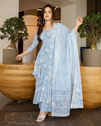ANNI DESIGNER Womens Rayon Viscose Printed Anarkali Kurta with Pant & Dupatta (Jamgarh Blue_M_Blue_Medium)