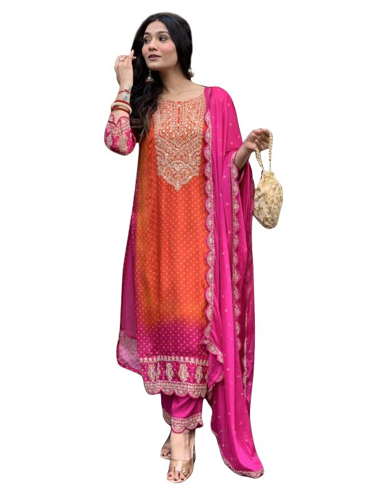 Toochki Dress For Women | A Line Maxi Dresses | Three Piece | Embroidered Flared | Chinon Bandhani Printed | With Pant And Dupat