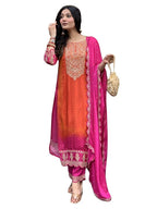 Toochki Dress For Women | A Line Maxi Dresses | Three Piece | Embroidered Flared | Chinon Bandhani Printed | With Pant And Dupat