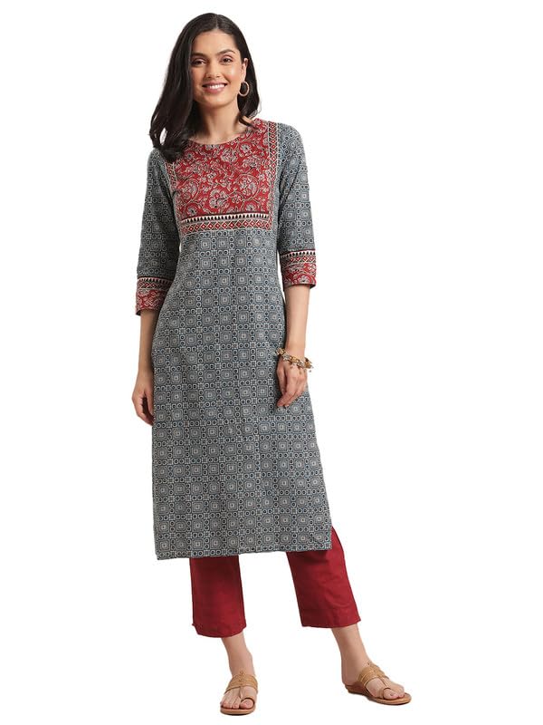 Varanga Women Blue & Maroon Printed Round Neck Straight Kurta With Contrast Yoke & 3/4Th Sleeves (Small)