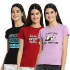 Preneum Womens Cotton Regular Fit Latest Graphic Stylish Printed Short Sleeves Casual T-Shirt (Pack 3), Black & Red & Purple, X