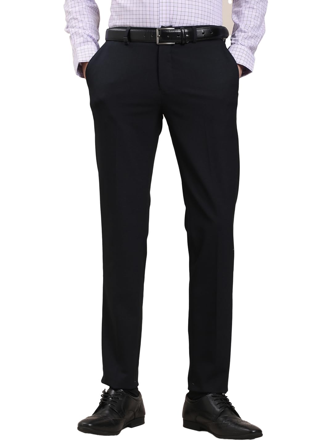 Turtle Men 4 Way Stretch Slim Fit Flat Front Checkered Navy Blue Formal Trouser