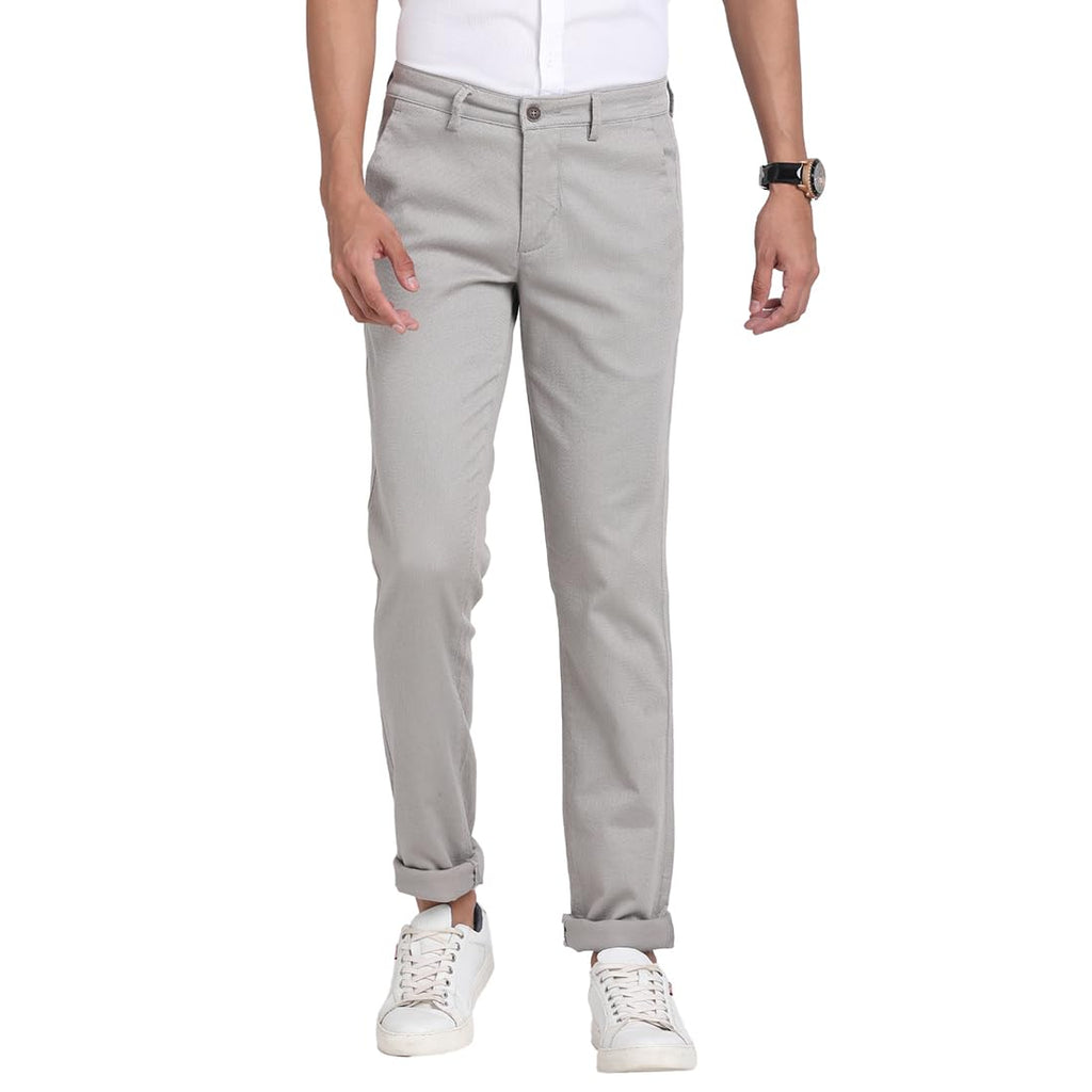 Turtle Men Cotton Stretch Dobby Print Ultra Slim Fit Grey Melange Casual Trouser