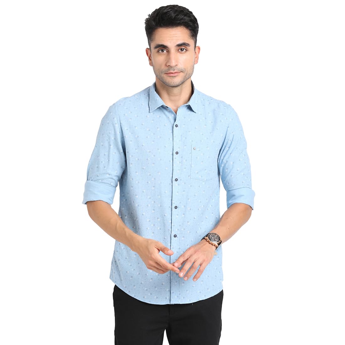 Turtle Men Khadi Light Blue Printed Slim Fit Full Sleeve Casual Shirt